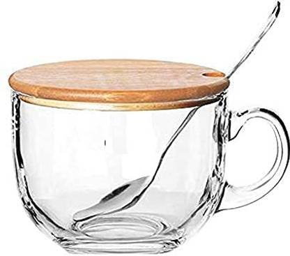 KACH POINT Big Glass Soup/Coffee/Milk with Wooden Lid and Spoon Glass Coffee Mug
