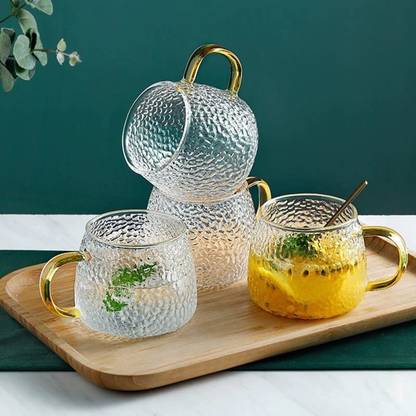 GZ CREATION Tea and Coffee Cup Glass with Handle Golden( 410ml, Set of 4) Glass Coffee Mug