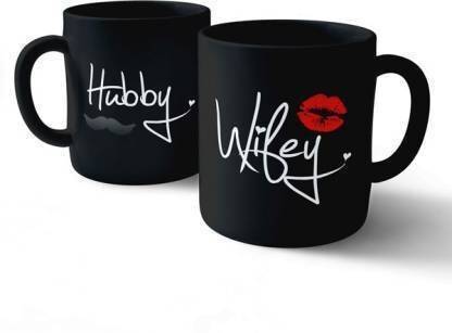 Plakasha creations Hubby and Wifey Multicolour Printed Coffee &Tea Cup Set of 2 Gift for Husband, W Ceramic Coffee Mug