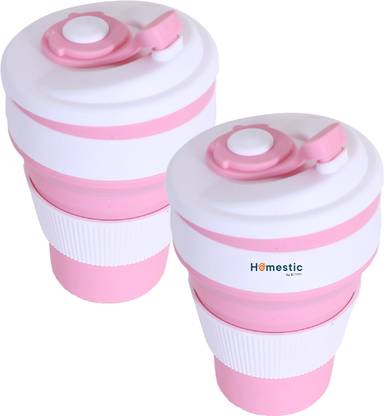 HOMESTIC Collapsible Coffee Cup|Silicone Coffee with Lid,350 ML,Pack of 2 (Pink) Plastic Coffee Mug
