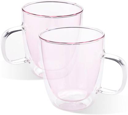 KUBER INDUSTRIES 2 Pcs Borosilicate Double Walled Glass Coffee|400 ML|Pack of 1|Pink Glass Coffee Mug
