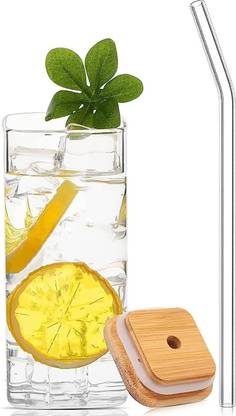 papita Borosilicate Glass with Wooden Lid and Straw 410 ml Set of 1 Glass Coffee Mug