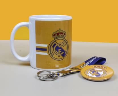 SMIZE Set of 3 Real Madrid Printed Coffee Keychain And Badge For Football Fan Gift Ceramic Coffee Mug