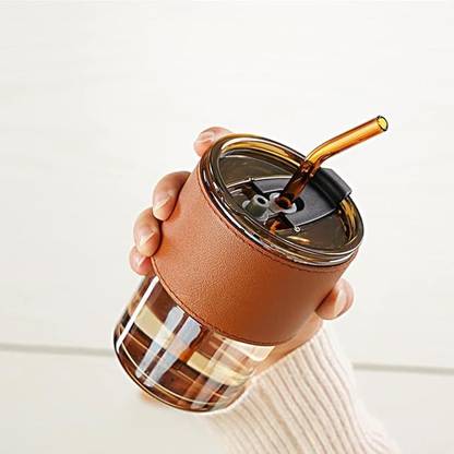 FEDWorld Reusable Glass Travel Sipper Tumbler With Glass Straw & Lid Juice Smoothie Glass Coffee Mug