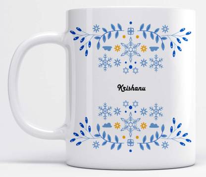 LOROFY Name Krishanu Printed Beautiful Blue Floral Design White Ceramic Coffee Mug