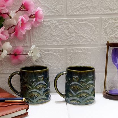 maalaxmi store DARK GREEN GLOSSY MUG SET PAIR 2 Ceramic Coffee Mug