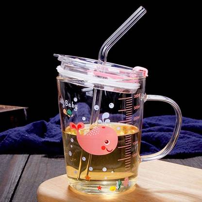 GRACIOUS MART Measuring Glass Cup/Mug with Lid & Silicon Straw Coffee Tea Cup Glass Coffee Mug