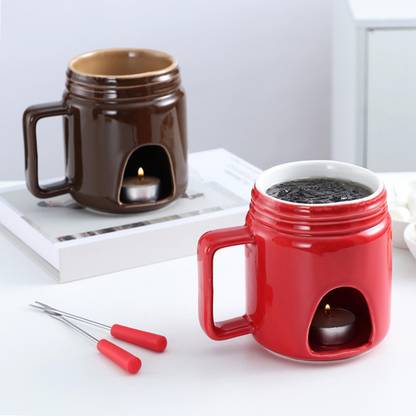 Lyla Ceramic Fondue with Forks Melting Pot Furnace Chocolate Ceramic Coffee Mug