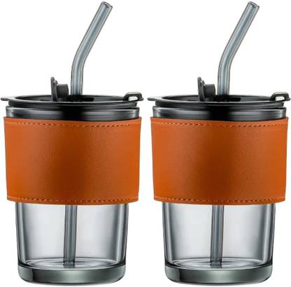 NEW KRISHNA Glass Tumbler with Lid, Straw and Protective Anti-Skid Leather Sleeve Glass Tumbler