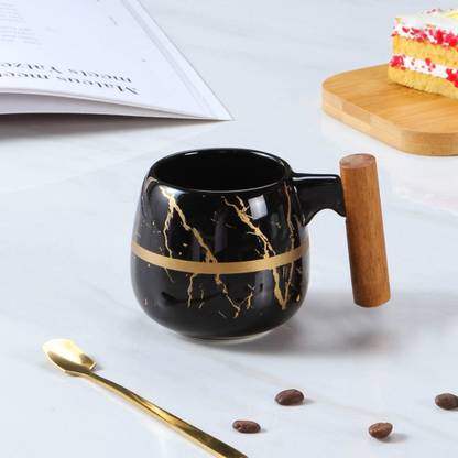 yamasin Mug - With Wooden Handle Black + Matt Gold Ceramic Tumbler