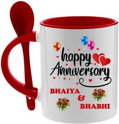 printsbea Printed Happy Anniversary BHAIYA & BHABHI Quotes Red Spoon Coffee Ceramic Coffee Mug