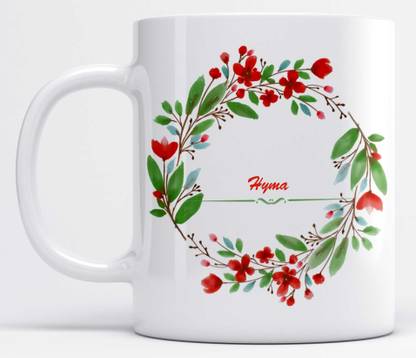 LOROFY Name Hyma Printed Red Floral Design White Ceramic Coffee Mug