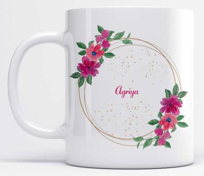 LOROFY Name Agriya Printed Pink & Green Floral Design White Ceramic Coffee Mug
