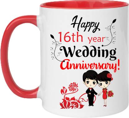 printsbea Printed Happy 16th Year Wedding Anniversary inside & Handle Red Coffee Ceramic Coffee Mug