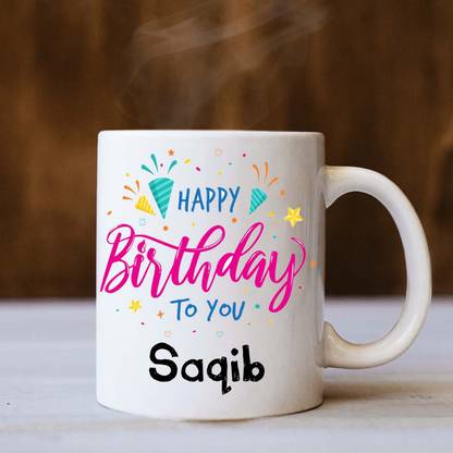 badri creations Happy Birthday Saqib White Coffee Ceramic Coffee Mug