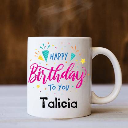 badri creations Happy Birthday Talicia White Coffee Ceramic Coffee Mug