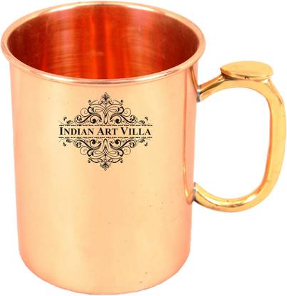 IndianArtVilla Moscow Mule Hammered Beer Cup with Brass Thumb Design Handle Copper Coffee Mug