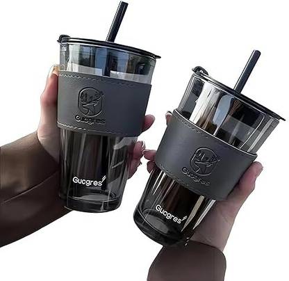 GOOD TO GREAT CREATION Iced Coffee Drinking Glasses with Lids and Glass Straw set of 2 Glass Coffee Mug