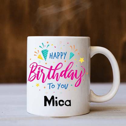 badri creations Happy Birthday Mica White Coffee Ceramic Coffee Mug