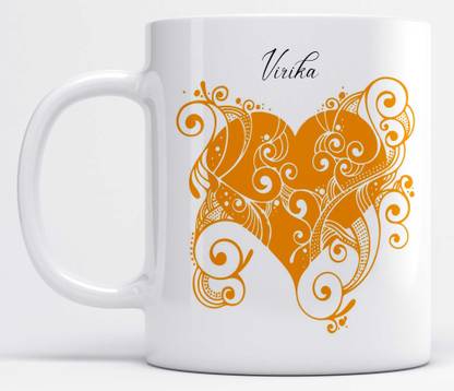 LOROFY Name Virika Printed Orange Heart Design Ceramic Coffee Mug