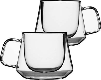 PrimeWorld Diamond Shape Double Wall Cup with handle-240ml Glass Mason Jar