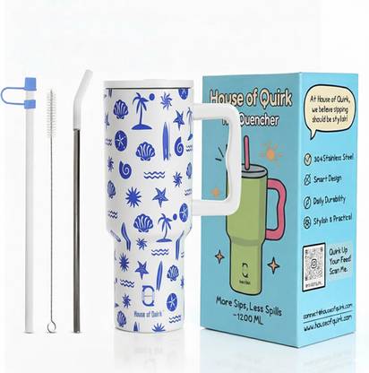 HOUSE OF QUIRK 1200ML Stainless Steel Tumbler Hot and Cold with Handle and Lid 2 Straw Stainless Steel Tumbler