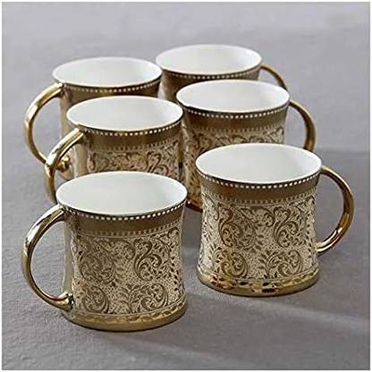 merdwal Cups Tea Set of 6 Diamond Luxury Golden Coffee Cups Bone China 160 ml (Gold) Bone China Coffee Mug