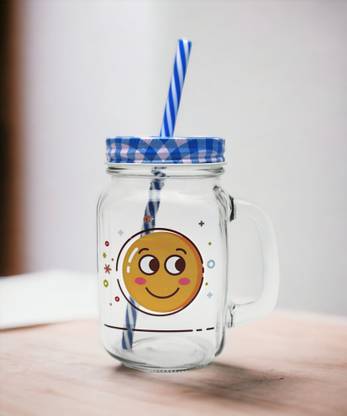 DECOR BAZAR Glass Manson Jar with Lid & Straw for Juice Drinking, Party, Home Office Glass Mason Jar