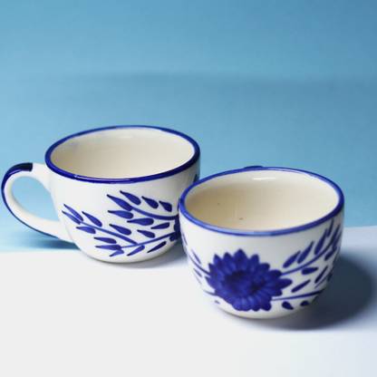 Rare Planet Handcrafted Ceramic Coffee Set of 2- Blue Floral Design Ceramic Coffee Mug
