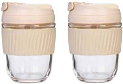IndusBay 2 Pieces Leak Proof Glass Sipper Coffee 250 ML Reusable Car Travel Cup Glass Coffee Mug