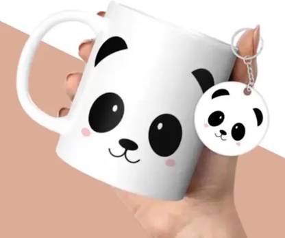 PrintingWorld Cute Panda Face Printed Coffee and Keychain Gift Ceramic Coffee Mug