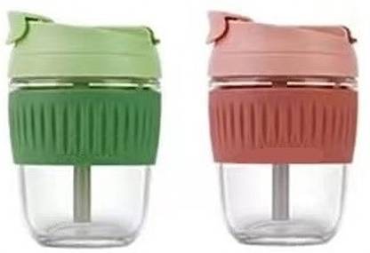 IndusBay 350ML Dual lid Reusable Portable Leak Proof Coffee Cup with Straw & Airtight Lid Glass Mason Jar