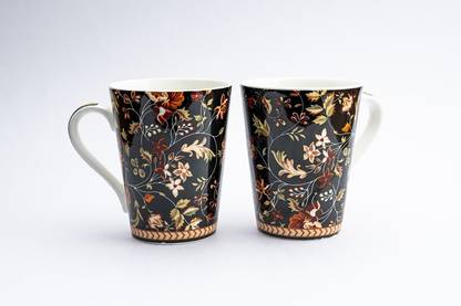 Golden Queens Ceramic Floral Print - Milk & Coffee, 300 Ml - Set of 2 (Black) Bone China Coffee Mug
