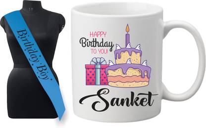 printyug Birthday Boy Sash With Happy Birthday Sanket (Name Printed) White Ceramic Coffee Mug
