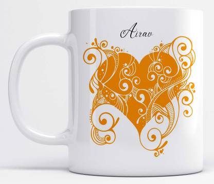 LOROFY Name Airav Printed Orange Heart Design Ceramic Coffee Mug