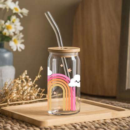 The Ombre Studio Magic Sky Printed Glass Sipper With Bamboo Lid and Straw Glass Tumbler