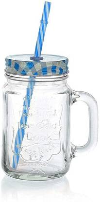 Ditiya Glass Mason with Air Tight Lid, Straw and Handle Chocolate Shake Juice Glass Coffee Mug