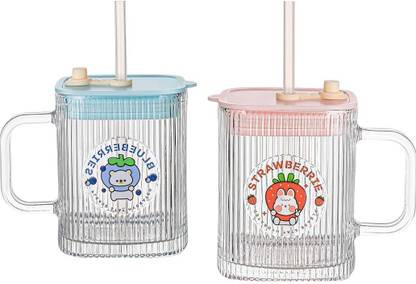 Prachi Mason Jars with Handle and Straw 490 ml Set of 2 Drinking Glass for Soft Drink, Cold Drink & Multi use, Random Color Lid Glass Tumbler