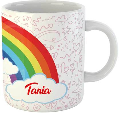 ARTBUG Rainbow & Unicorn Theme Customised Coffee Coffee Cup, Name - Tania Ceramic Coffee Mug