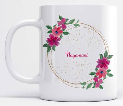 LOROFY Name Nagamani Printed Pink & Green Floral Design White Ceramic Coffee Mug