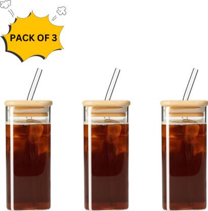 AANZIA Borosilicate Glass with Wooden Lid and Straw 410 ml Set of 2 Glass Coffee Mug