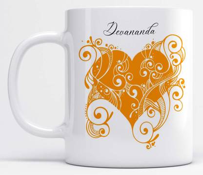 LOROFY Name Devananda Printed Orange Heart Design Ceramic Coffee Mug