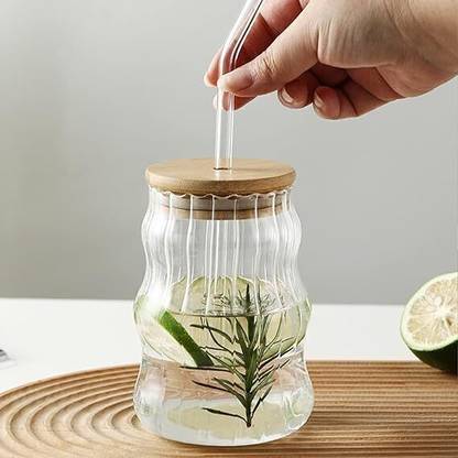 Flipkart SmartBuy Drinking Glasse with Bamboo Lids and Glass Straw Can Shaped Glass Cups Tumbler Glass Tumbler