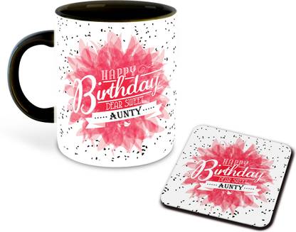 whats your kick Happy Birthday Aunty Ji Black Ceramic Coffee Cup with Coaster| Gift for Aunty Ji Ceramic Coffee Mug