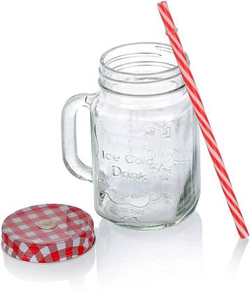 JYOTCREATION Glass Jar With lid & Straw for Juice, water, coco, milkshake, thick shake Glass Mason Jar