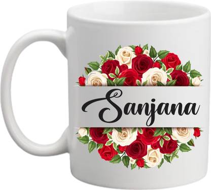 printyug Sanjana (Name Printed,Floral Design) White Ceramic Coffee Mug