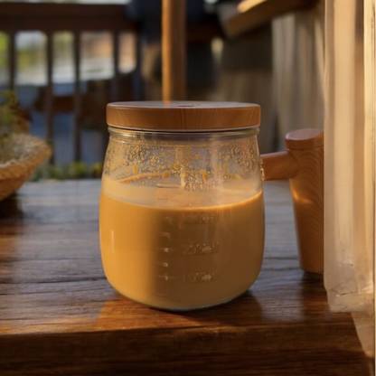 THE COZY STORE Self-Stirring Glass Automatic Mixing Coffee Cup with Wooden Handle & Lid Glass, Wood Coffee Mug