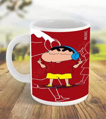 craft maniacs HEADPHONES BLUE SHINCHAN MUG 330 ML WHITE FOR CARTOON LOVERS Ceramic Coffee Mug