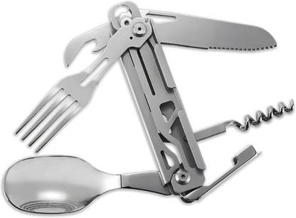 TAKSH Siang 5-in-1 Steel Campware Cutlery Set with Pouch for Travel, Picnic, Camping Multi-utility Knife