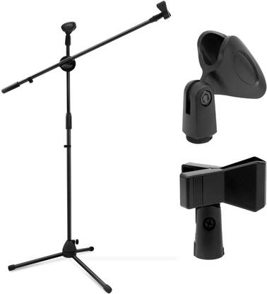 DawnRays Microphone Stand, Upgraded Mic Stand with Dual Mic Clip Holders Heavy Metal Base Adjustable Collapsible Tripod Height Adjustable Boom Stands (Black) Adjustable Microphone Stand